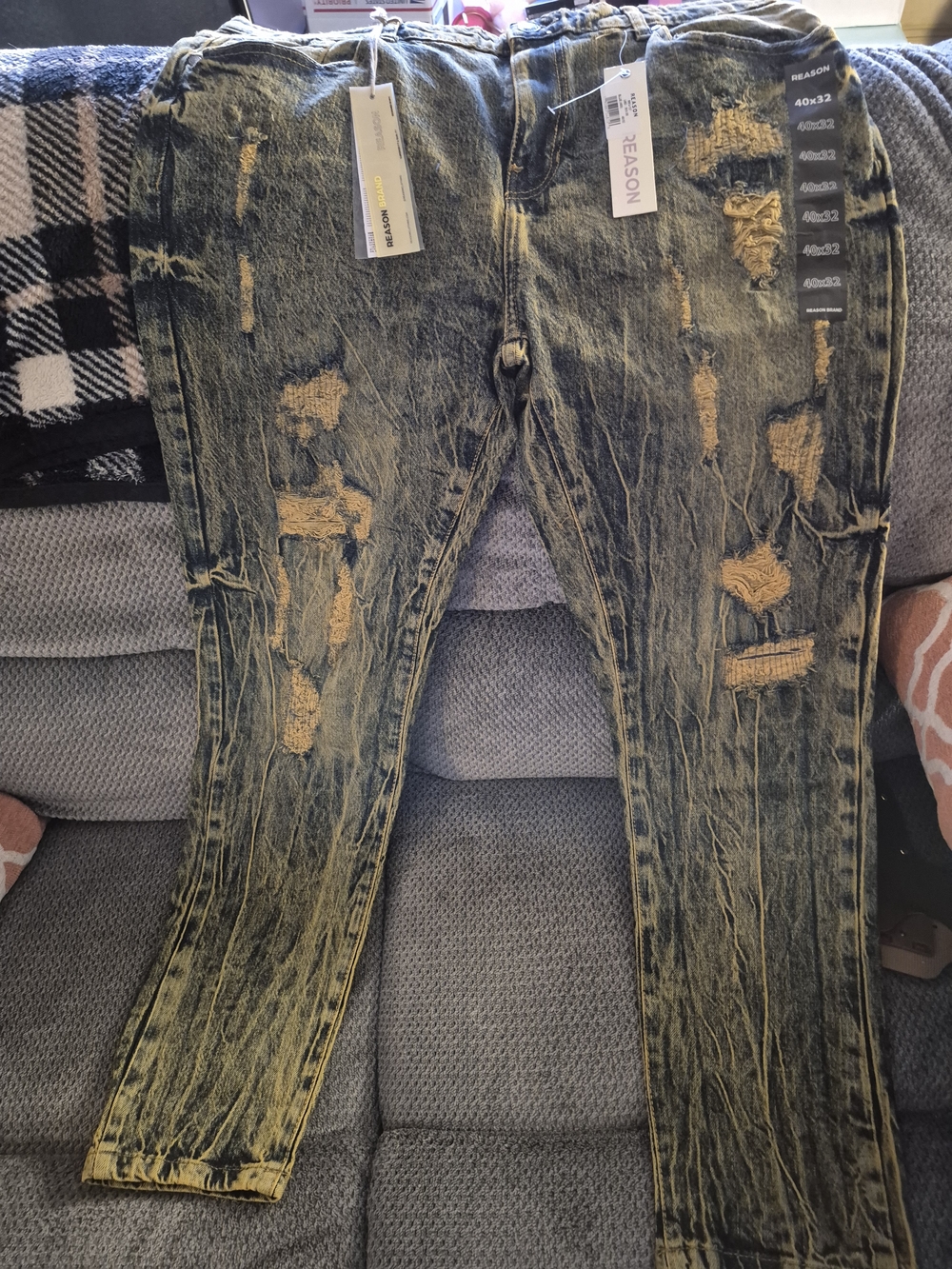 REASON Acid Wash Yellow Distressed Denim Straight Men's Jeans